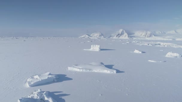 南極極の冬 凍った氷の海水が地平線まで流れ込む 氷の南極の風景に閉じ込められた氷山の空中観測 雪で覆われた極冷凍海 — ストック動画