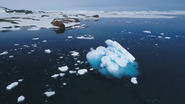 南極の氷山を横断する空中飛行機 気候変動を反映した冬の海岸 ドローンは巨大な氷河を捕獲し クリスタル クリア ウォーターで漂流する雪片を捕獲します ポーラービューティーショー — ストック動画