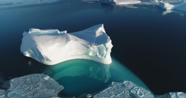 南极洲的大白雪覆盖的冰山 反映在碧绿的海水中的冰川 北极冬季风景阳光明媚 全球暖化问题 空中观察无人驾驶飞机飞行全景 — 图库视频影像