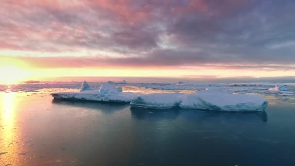 Antarktischen Ozean Schwimmende Gletscher Bei Sonnenuntergang Leuchtend Bunte Rosa Wolken — Stockvideo