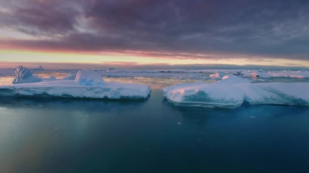 Dramática Puesta Sol Antártida Glaciares Flotando Agua Del Océano Bajo — Vídeo de stock