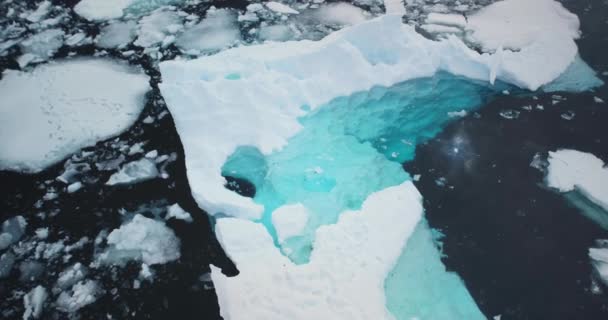 在南极洲融化的冰山水下冰 破碎的冰川碎片漂浮在冰冷的海洋上 北极的场景生态学 融化的冰 气候变化和全球变暖的概念 空中俯瞰无人驾驶飞机射击 — 图库视频影像