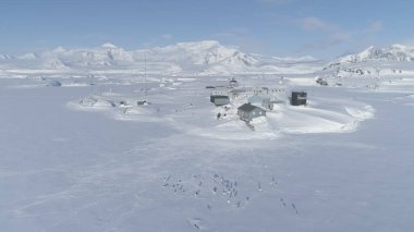 Antarktika kış Vernadsky İstasyonu havadan görünümü. Martı sinek Arktik Okyanusu tabanında, Majestic doğa dağ sahil arka plan en iyi Drone uçuş görüntüleri 4 k Uhd atış