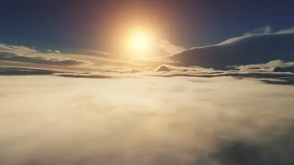 Aerial view flight over sunset surface fog in Antarctica. Drone shot. Breathtaking panoramic time lapse. Overview the bright orange sun over the clouds. Surface fog. Antarctic sky scape. 4k footage.