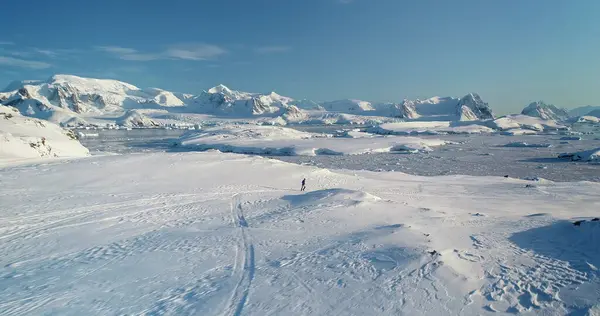 Man running Antarctica snow hill aerial view. People travel, active lifestyle, sport, recreation in Antarctic wild nature landscape. Snow covered mountains, icy ocean, sunny winter day. Drone flight