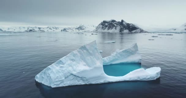 Arktische Landschaft Mit Schwimmenden Eisbergen Ruhigem Blauem Wasser Schneebedeckte Berge — Stockvideo