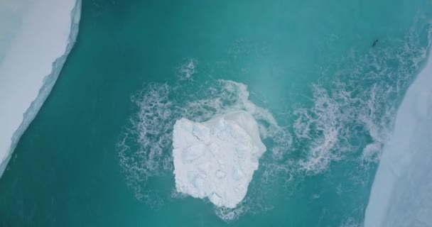 氷の峡谷に浮かぶ青い海水を浮かべる空中大きな氷山 雪は南極で融解する氷河を覆った エコロジー 溶ける氷 気候変動 地球温暖化の概念 スタティックショットトップダウンビュー — ストック動画