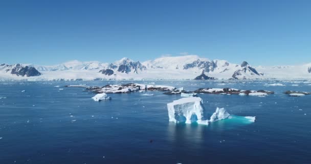 冰山漂流在南极洲海湾深蓝色的大海中 庞大的冰层在冷水中庄严地漂浮着 背景中的山脉 阳光灿烂的日子 远征和冒险空中无人驾驶飞机视图 — 图库视频影像