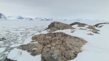Antarktika kıyı üzerinde hava panoramik uçuş. Drone genel bakış atış kar arazi, okyanus donmuş buz kaplı. Güçlü Polar Dağları arka plan. Vahşi. Kış manzarası. 4k görüntüleri.