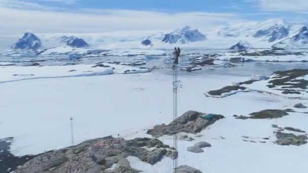南極のアンテナの上にテレコムタワーワーワーカー トラッキングビュー テレコミュニケーションエンジニア メンテナンス セル信号アンテナの航空ショット 南極の自然とバーナドスキー駅 — ストック動画