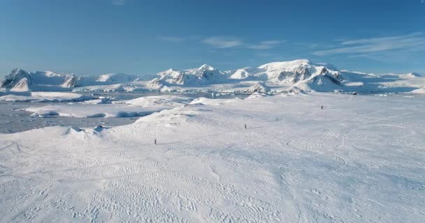 Orang Orang Berlari Kemiringan Musim Dingin Lanskap Tertutup Salju Antartika — Stok Video