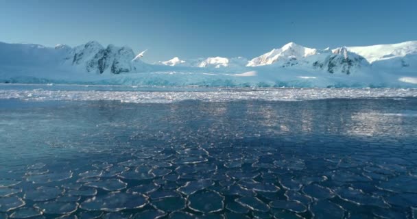 Luftaufnahme Eis Polarmeer Und Schneebedeckte Berge Hintergrund Blauer Himmel Einem — Stockvideo