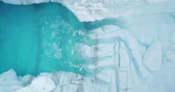 Aerial View Frozen Blue Ice Lake Melting Icy Glacier Cave — Stock Video
