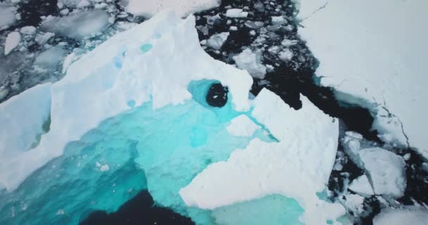 北極の凍った海洋表面の空中観測 冷たい海に浮かぶ青い水のプールに囲まれた巨大な融解氷山 エコロジー 融解する氷 気候変動 地球温暖化 ドローンショットパノラマ — ストック動画