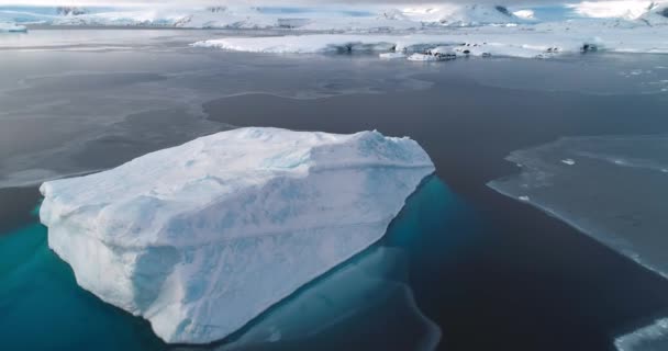 Großer Eisberg Der Antarktis Gefroren Eisschollen Treiben Kalte Schneebedeckte Sonnenuntergangslandschaft — Stockvideo