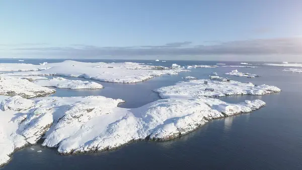 stock image Antarctica Polar Ocean Seascape Aerial Flight View. North Antarctic Open Water Glacier Landscape Island Overview. Climate Change at Nature Coast Drone