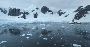 Antarktika karla kaplı dağlar sakin soğuk suya yansıyor. Buz kütleli okyanus körfezi. Güney Kutbu 'nun el değmemiş vahşi doğasının üzerinden uç. Ekoloji ve iklim değişikliği küresel ısınma