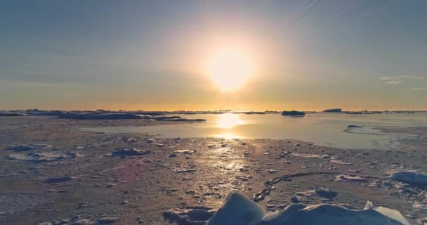Pôr Sol Brilhante Paisagem Inverno Antártida Sol Refletido Superfície Congelada — Vídeo de Stock