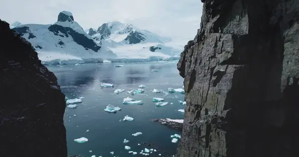 stock image Aerial flight in mountain canyon Antarctica. Majestic snowy mountains towering polar ocean. Cracked glacier icebergs melting floating in cold ocean. Ecology, melting ice, climate change global warming