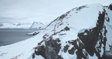 Turist yürüyüşü Antarktika vahşi doğasını keşfeder. İnsanlar dağdaki kayalıkların tepesinde durup penguenlerin ve buzulların fotoğraflarını çekiyorlar. Güney Kutbu güzelliğini keşfedin. Hava aracı panoraması