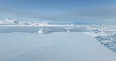 Antarktika 'daki insan, buzul üzerinde duran insansız hava aracını kullanıyor. Saf kış kutup manzarasının hava manzarası. Tepe karla kaplı, donmuş okyanus, buzdağları, buz kütleleri. El değmemiş Antarktika 'nın üzerinden uç.