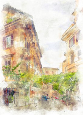 Digital illustration in watercolor style of the street of Rome city