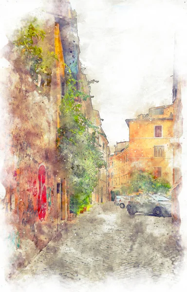 Digital illustration in watercolor style of the street of Rome city