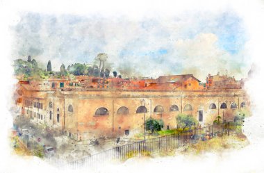 Modern ofislerin ve küçük otellerin bulunduğu Roma 'daki eski semtin suluboya tarzında dijital illüstrasyon.