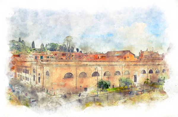 stock image Digital illustration in watercolor style of the old quarter in Rome, where modern offices and small hotels are located