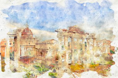 Foro Romano 'nun suluboya stili, Marangoz Aziz Joseph Kilisesi ve Martina Martiri yazın, Roma, İtalya