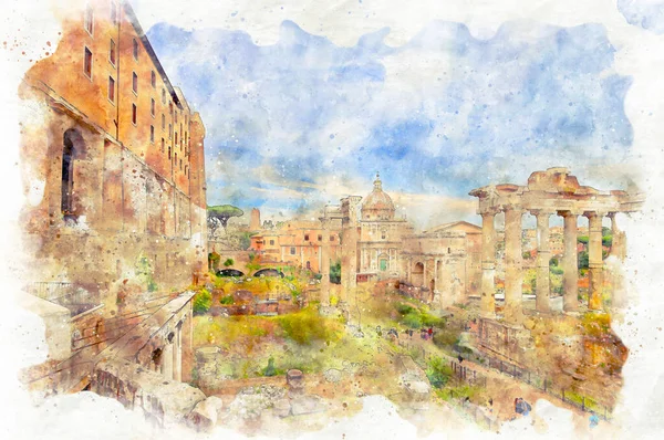 Foro Romano, Tabularium, Torre di Niccolo V, Carpenters Saint Joseph Kilisesi ve Chiesa Santi Luca e Martina martiri 'nin suluboya stilinde dijital illüstrasyon, Roma, İtalya