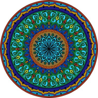 Beyaz arka planda çok renkli bir çiçekli mandala çizimi. El çizimi kabile vektör stoku çizimi