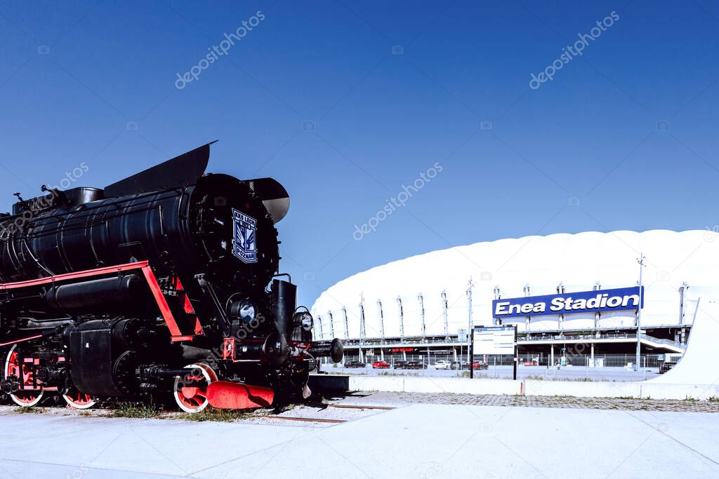 Poznan, Poland - May 6, 2025: Enea Stadion, the home stadium of Lech Poznan Football Club.