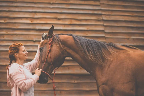 Hübsche Junge Rothaarige Frau Mit Ihrem Schönen Pferd Ihrer Lieblingsfreizeit — Stockfoto