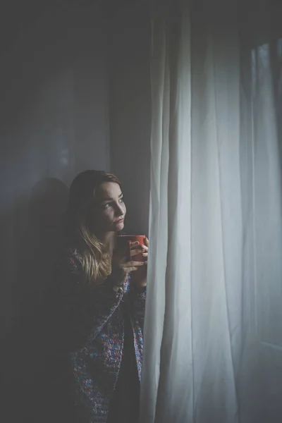 Soğuk Depresif Evde Üzgün Yalnız Endişeli Genç Bir Kadın — Stok fotoğraf
