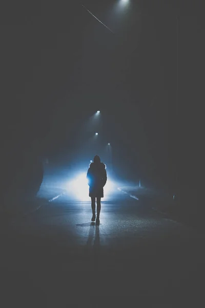 Ortada Bir Kadının Yürüdüğü Karanlık Bir Yol Yalnız Bayan Bayan — Stok fotoğraf