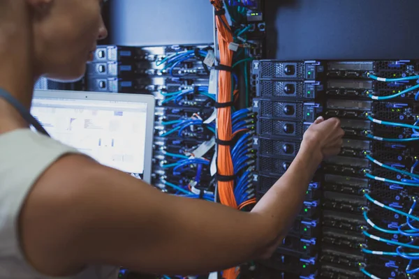 Engineer Standing Working Server Rack Doing Routine Maintenance Check Diagnostics — Stock Photo, Image