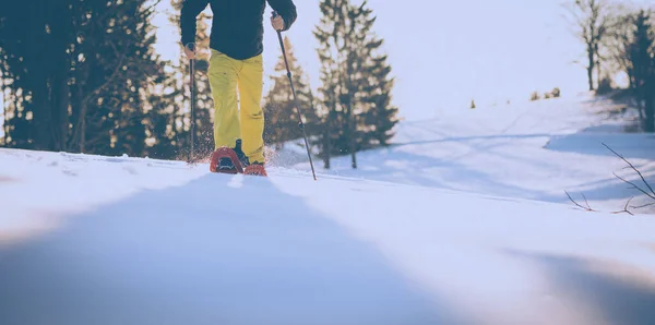 Kışın Derin Karda Kar Ayakkabısı Karda Yürüyorum Kışın Dağlarda Yürüyüş — Stok fotoğraf