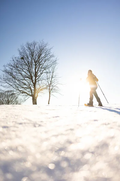 冬天在大雪中打雪鞋 在雪地里散步冬天在山上远足 — 图库照片