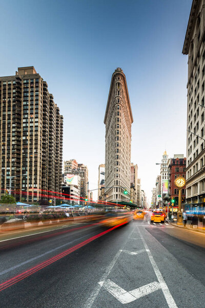 New York City street with motion blurred traffic