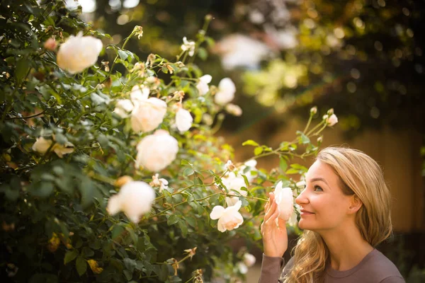 一个年轻貌美的女人在花园里闻一些可爱的玫瑰的生活风格画像 — 图库照片