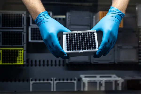Mãos Pesquisador Que Realiza Experimentos Pesquisa Laboratório Química Uma Caixa — Fotografia de Stock