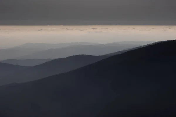 多山的大气景观 多雾的高山 多雨的天气 多云的山顶全景 早春的黎明 — 图库照片