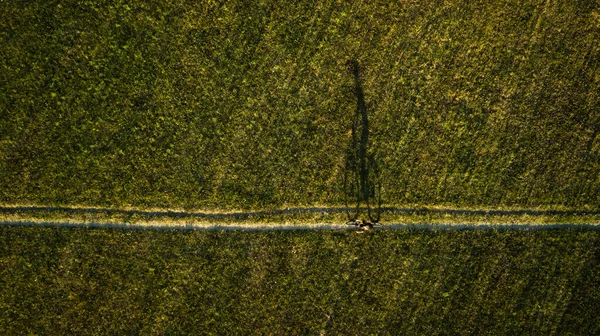 Воздушное Изображение Велосипедиста Горном Велосипеде Среди Полей Открытом Воздухе — стоковое фото