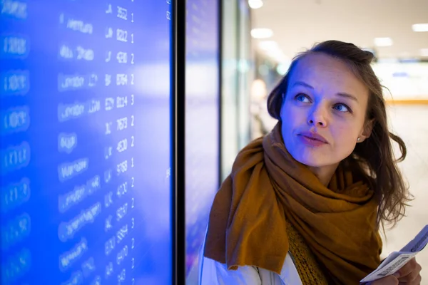 Canceled Flight Situation Young Pretty Female Traveler Learning Her Flight — Stock Photo, Image