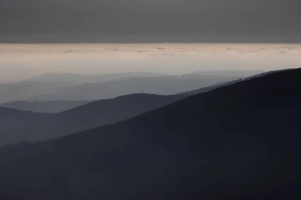 多山的大气景观 多雾的高山 多雨的天气 多云的山顶全景 早春的黎明 — 图库照片