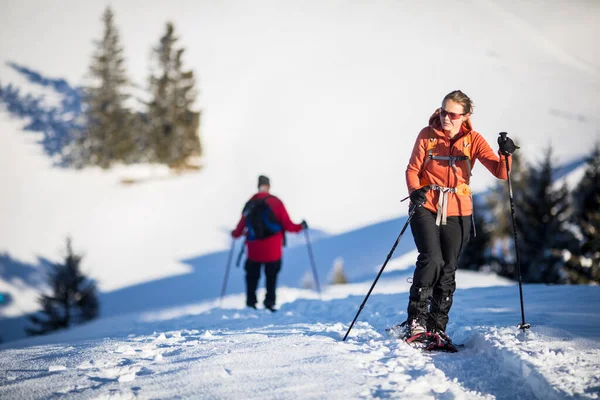 Mujer Joven Raquetas Nieve Las Altas Montañas Disfrutando Hermoso Día —  Fotos de Stock