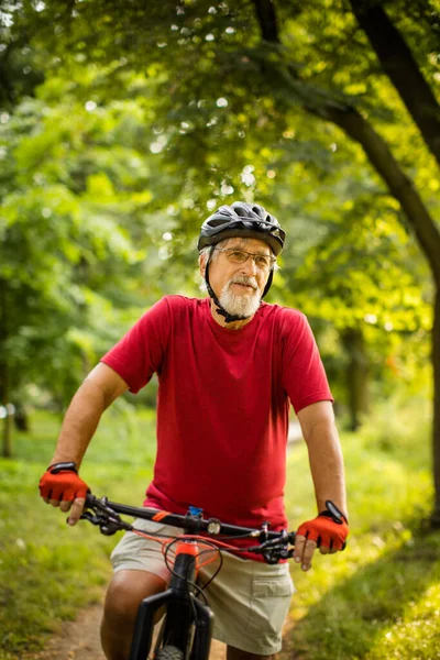 Старший Своем Горном Велосипеде Собирается Прокатиться Пределы Города Прекрасном Лесу — стоковое фото