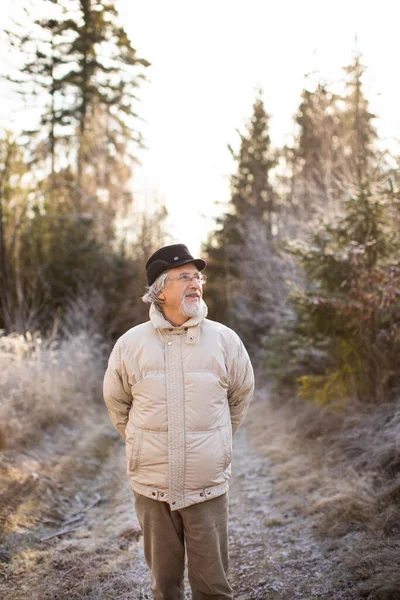Happy Senior Man Walking Portrait Senior Man Forest Winter Day — Stock Photo, Image