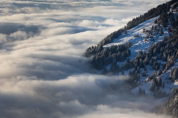 Θαυμάσιο Τοπίο Ψηλά Βουνά Ομίχλη Και Υπέροχο Φως Βράδυ — Φωτογραφία Αρχείου